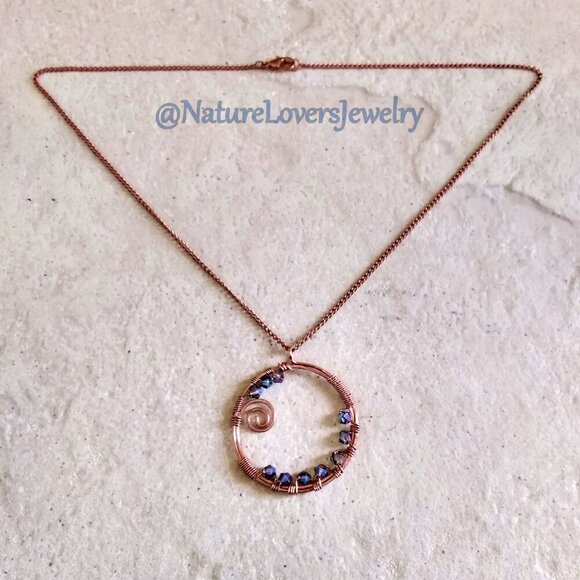 Handmade & Wire Wrapped! Bohemian Crystal Studded Copper Circle Pendant + Chain! - Picture 1 of 10